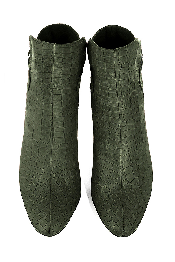 Forest green women's ankle boots with buckles at the back. Round toe. High kitten heels. Top view - Florence KOOIJMAN